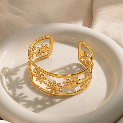 304 Stainless Steel Vintage Daisy Flower Hollow Open Cuff Bangles for Women HL3157-1-1
