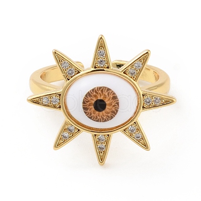 Cubic Zirconia Sun with Evil Eye Open Cuff Ring with Acrylic RJEW-B042-09G-01-1