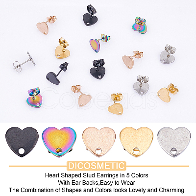 30Pcs 5 Colors Ion Plating(IP) Heart Shape 304 Stainless Steel Stud Earring Findings EJEW-DC0001-01-1