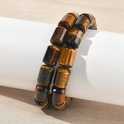 Column Natural Tiger Eye Beads Stretch Bracelets for Women Men BJEW-A148-01A-21-1