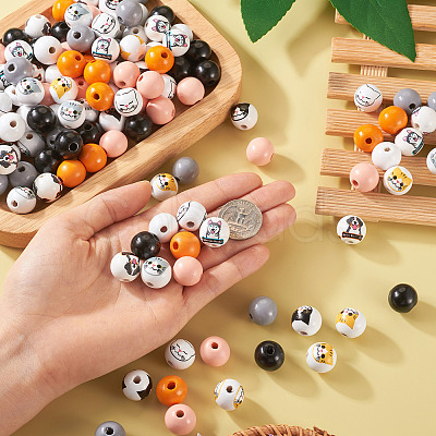 160Pcs 11 Styles Printed Cat & Dog Wood Beads WOOD-TA0001-74-1