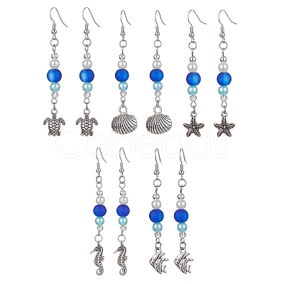 5 Pairs 5 Styles Ocean Theme Alloy Dangle Earrings EJEW-JE05475-S-1