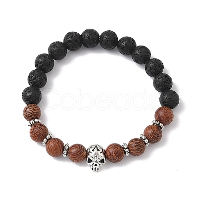 2Pcs 2 Styles Halloween Natural Wood & Lava Rock Round Beads Stretch Bracelets BJEW-JB12351-1