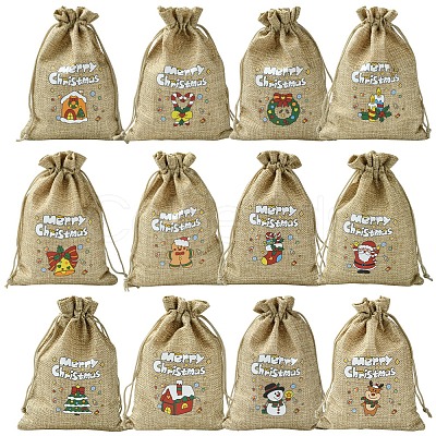 12Pcs 12 Styles Christmas Printed Burlap Packing Pouches Drawstring Bags ABAG-FS0001-03B-1