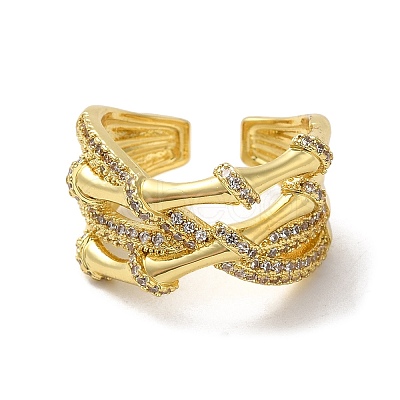 Brass Cubic Zirconia Bamboo Open Cuff Ring X-RJEW-Z019-01G-1