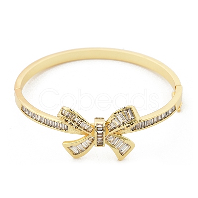 Brass Micro Pave Clear Cubic Zirconia Hinged Bangles for Women BJEW-K274-04G-1