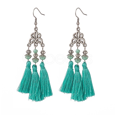 Polyester Tassel with Glass Beaded Chandelier Earrings EJEW-TA00183-01-1