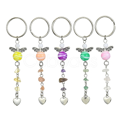 Gemstone Chip & Alloy Heart Pendant Keychain with Acrylic Beads KEYC-JKC00538-1