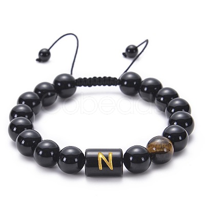 10MM Natural Black Onyx(Dyed & Heated) and Tiger Eye Alphabet Round Braided Bead Adjustable Bracelets for Women DM6424-14-1