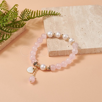 Natural Rose Quartz & Pearl Stretch Bracelet BJEW-JB09224-01-1