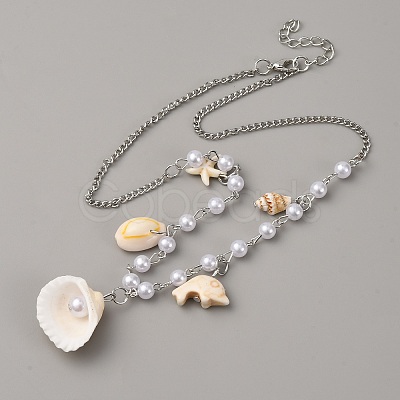 Alloy & Natural Shell Pendant Necklaces NJEW-WH0001-37P-1