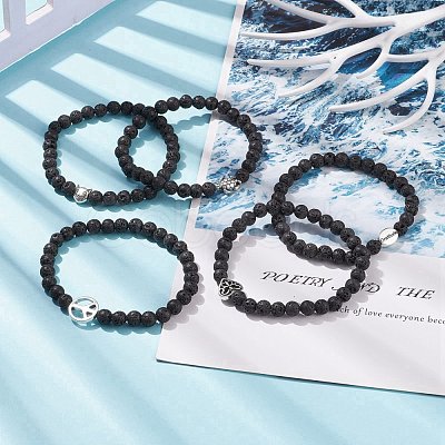 Natural Lava Rock & Alloy Beaded Stretch Bracelet BJEW-JB08309-1