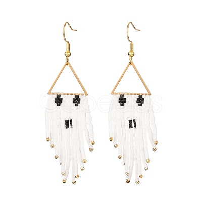 Halloween Theme Glass Seed Braided Ghost Chandelier Earrings EJEW-MZ00084-1