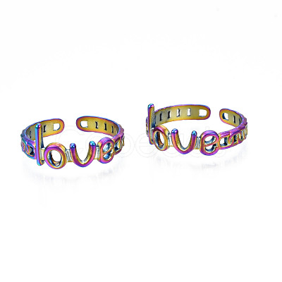 Ion Plating(IP) Rainbow Color 304 Stainless Steel Word Love Open Cuff Ring for Women RJEW-S405-262M-1