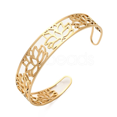 Lotus 304 Stainless Steel Open Cuff Bangle for Woman BJEW-M112-01G-1