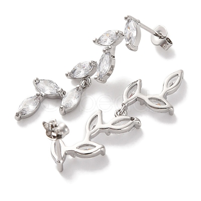 Leaf Brass Micro Pave Clear Cubic Zirconia Dangle Stud Earrings EJEW-F348-02P-1