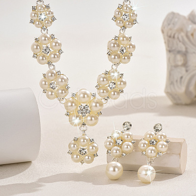 Flower Alloy Crystal Rhinestone & Plastic Pearl Link Chain Necklaces & Stud Dangle Earrings Sets FS-WGC22CC-02-1