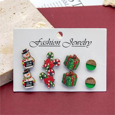 4 Pairs Candy Cane & Snowman & Christmas Gift Printed Wood Stud Earrings EJEW-OY001-01-1