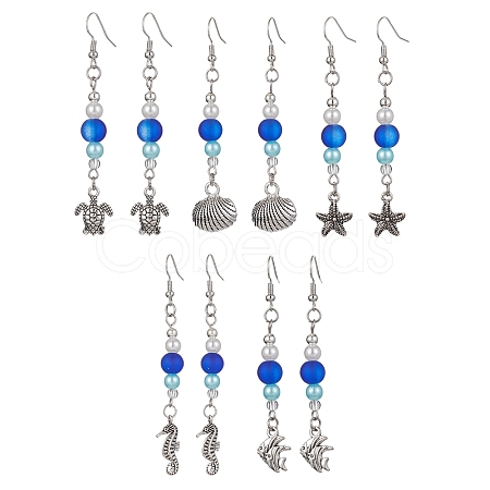 5 Pairs 5 Styles Ocean Theme Alloy Dangle Earrings EJEW-JE05475-S-1