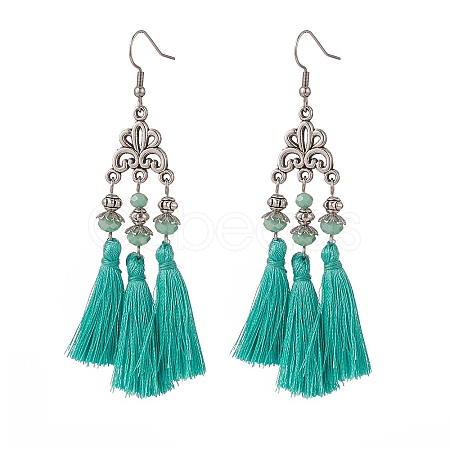 Polyester Tassel with Glass Beaded Chandelier Earrings EJEW-TA00183-01-1