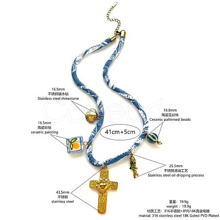 Bohemian 316 Surgical Stainless Steel & Porcelain Pendant Blue Printed Cord Necklaces WG87915-03-1
