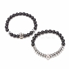 2Pcs 2 Style Synthetic Hematite & Black Stone & Natural Obsidian Stretch Bracelets Set with Cubic Zirconia Skull BJEW-JB08120-02-4