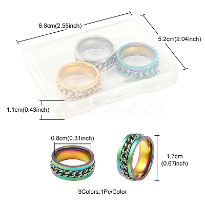 3Pcs 3 Colors 201 Stainless Steel Curb Chain Finger Rings Set for Women RJEW-YW0001-02-1