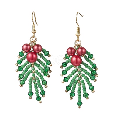 Christmas Leaf Glass Pearl Dangle Earrings EJEW-TA00739-1