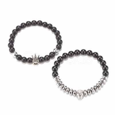 2Pcs 2 Style Synthetic Hematite & Black Stone & Natural Obsidian Stretch Bracelets Set with Cubic Zirconia Skull BJEW-JB08120-02-1