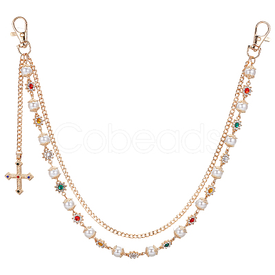 1Pc Alloy Colorful Rhinestone Flower & Plastic Pearl Link Chain Double Layer Pants Chains with Cross Charms AJEW-GF0012-75-1