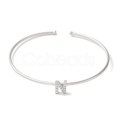Rack Plating Brass Micro Pave Clear Cubic Zirconia Letter Open Cuff Bangles BJEW-A018-01P-N-1