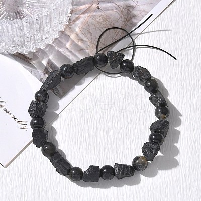 Natural Black Tourmaline Round and Nuggets Beaded Stretch Bracelets GG-CBA0C4C-01-1