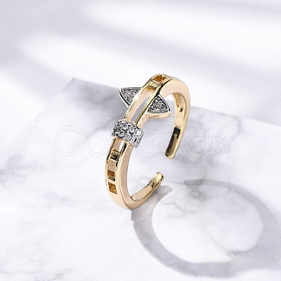 Brass Micro Pave Clear Cubic Zirconia Cuff Finger Rings for Women RJEW-C116-02G-1