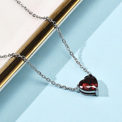 304 Stainless Steel Dark Red Cubic Zirconia Heart Pendant Necklaces for Women NJEW-Z064-04P-1