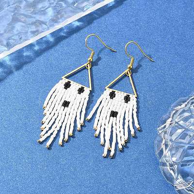 Halloween Theme Glass Seed Braided Ghost Chandelier Earrings EJEW-MZ00084-1