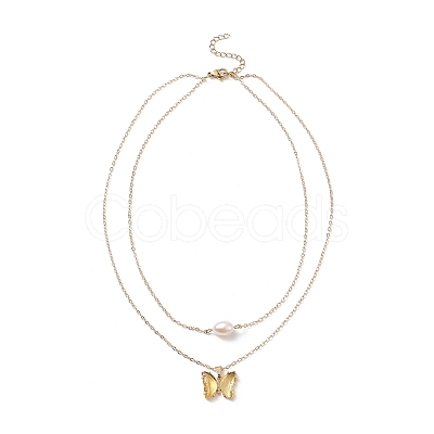 Glass Butterfly & Natural Pearl Pendants Double Layer Necklace with Clear Cubic Zirconia NJEW-TA00043-04-1