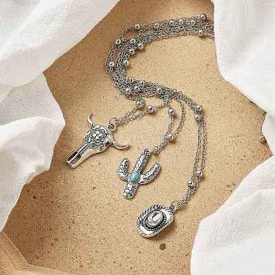 3Pcs 3 Styles Retro Alloy Synthetic Turquoise Cow Head/Cactus/Oval Pendant Satellite Chain Necklace Sets for Women NJEW-B120-01C-1