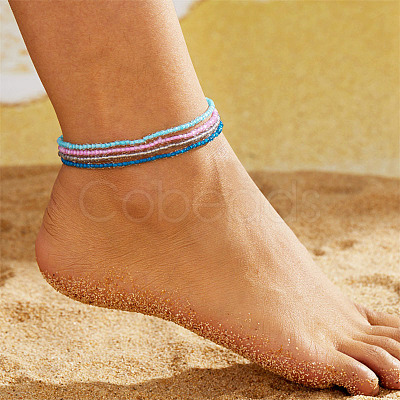 4Pcs Bohemian Style Glass Seed Rondelle Beaded Stretch Anklets for Women WG3334E-05-1