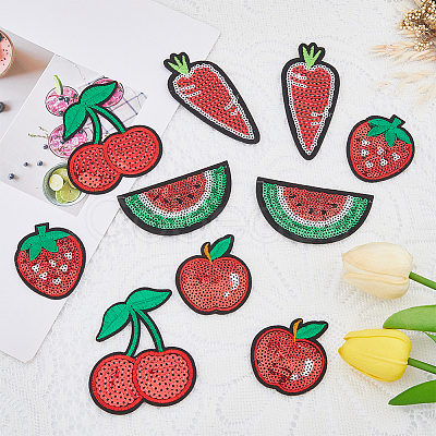 30Pcs 5 Styles Fruit Theme Felt Fabric with Glitter Sequins Iron on/Sew On Patches PATC-FH0001-14-1