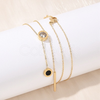 304 Stainless Steel Crystal Rhinestone Flat Round Pendant Y Necklaces NJEW-V001-03G-1
