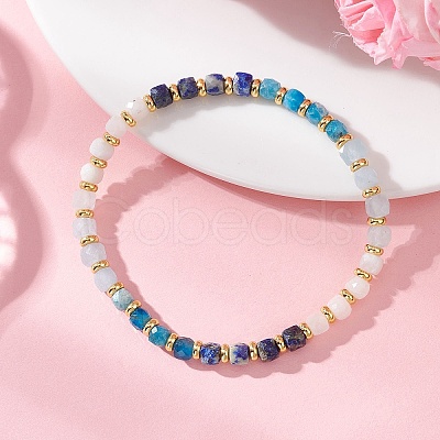 Natural Lapis Lazuli & Aquamarine & Rainbow Moonstone & Apatite Beaded Stretch Bracelets BJEW-JB13485-02-1