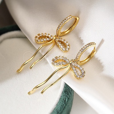 Bowknot Brass Micro Pave Clear Cubic Zirconia Hoop Earrings for Women EJEW-A110-03G-1