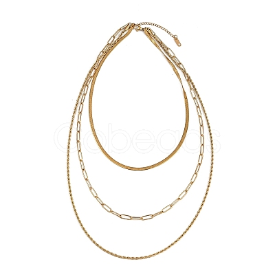 304 Stainless Steel Rope Chain 3 Layer Necklaces for Women NJEW-A057-02B-G-1