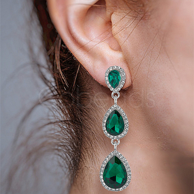 3 Pairs 3 Colors Glass Teardrop Dangle Stud Earrings with Rhinestone EJEW-AN0003-98-1