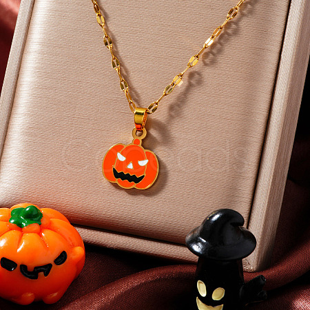 304 Stainless Steel Enamel Halloween Pumpkin Pendant Dapped Chain Necklaces BZ8585-1