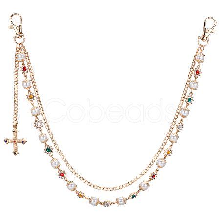 1Pc Alloy Colorful Rhinestone Flower & Plastic Pearl Link Chain Double Layer Pants Chains with Cross Charms AJEW-GF0012-75-1