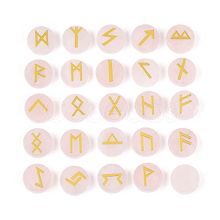 Brass Elder Futhark Alphabet Engraved Symbol Flat Round Natural Rose Quartz Rune Stones G-I373-01G-1