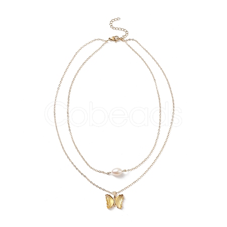 Glass Butterfly & Natural Pearl Pendants Double Layer Necklace with Clear Cubic Zirconia NJEW-TA00043-04-1