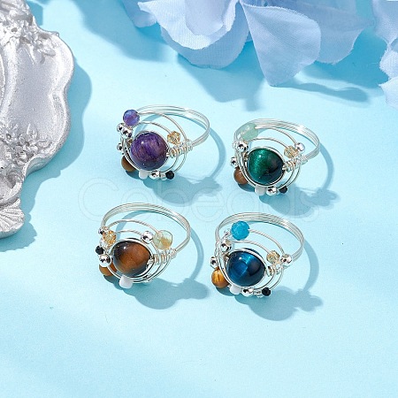 Planet Natural Amethyst & Tiger Eye & Citrine & Apatite & Green Aventurine Finger Rings RJEW-TA00165-1