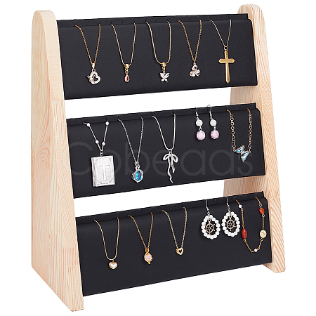 3-Tier Bamboo Necklace Organizer Display Stands with PU Leather Mat NDIS-WH0003-020A-1